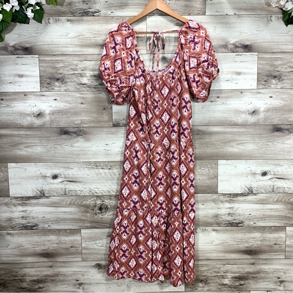 Knox rose women's size XL artsy batik rayon puff sleeve midi boho prairie dress - Picture 6 of 13